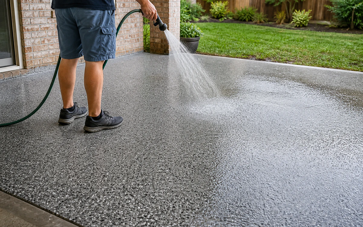 Homeowner rinsing a coated patio with a garden hose