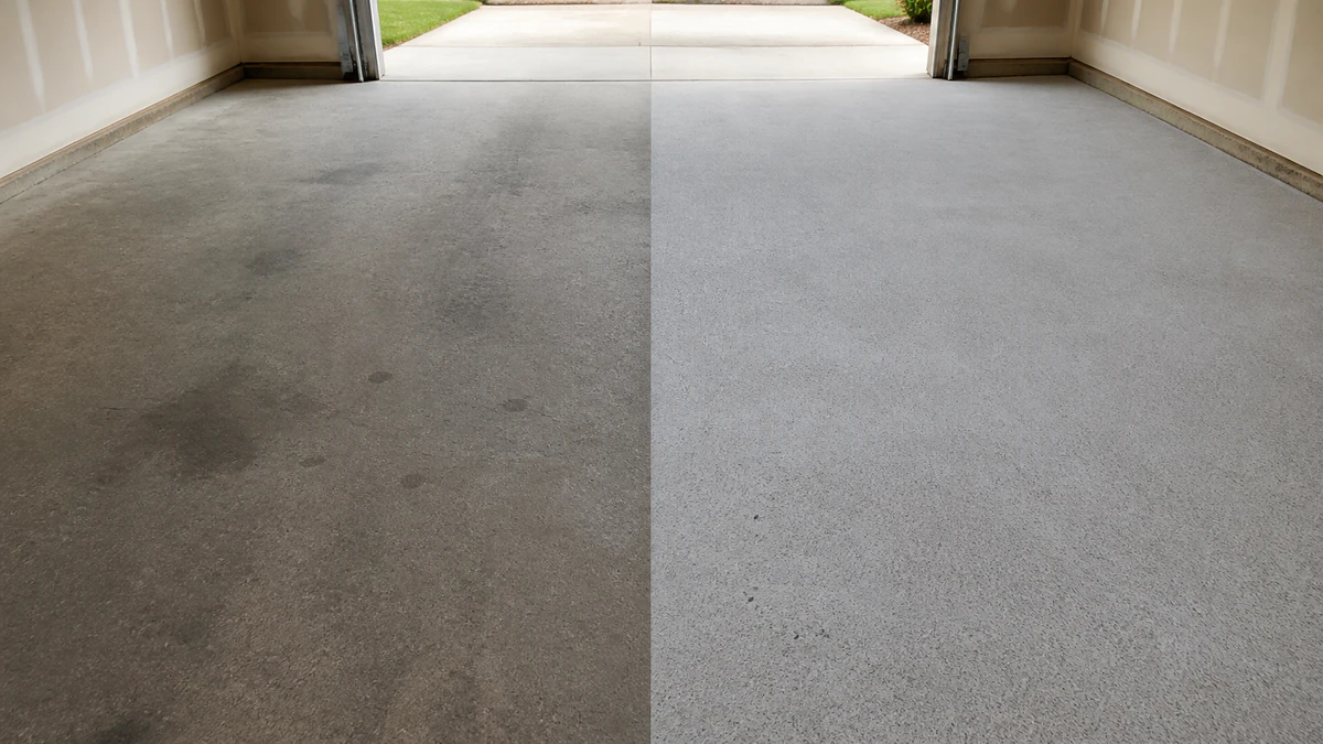 The same garage slab before preparation and after diamond grinding