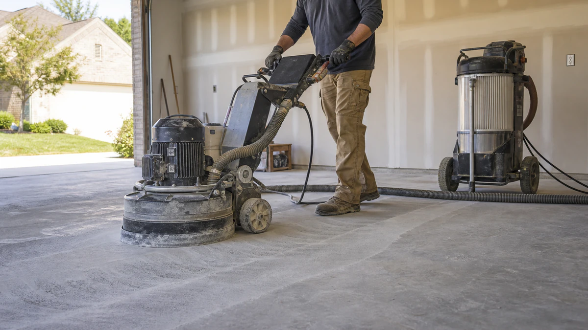 Contractor diamond-grinding a garage slab with dust extraction