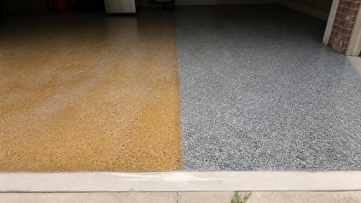Sun-exposed yellowed epoxy beside a UV-stable polyaspartic floor