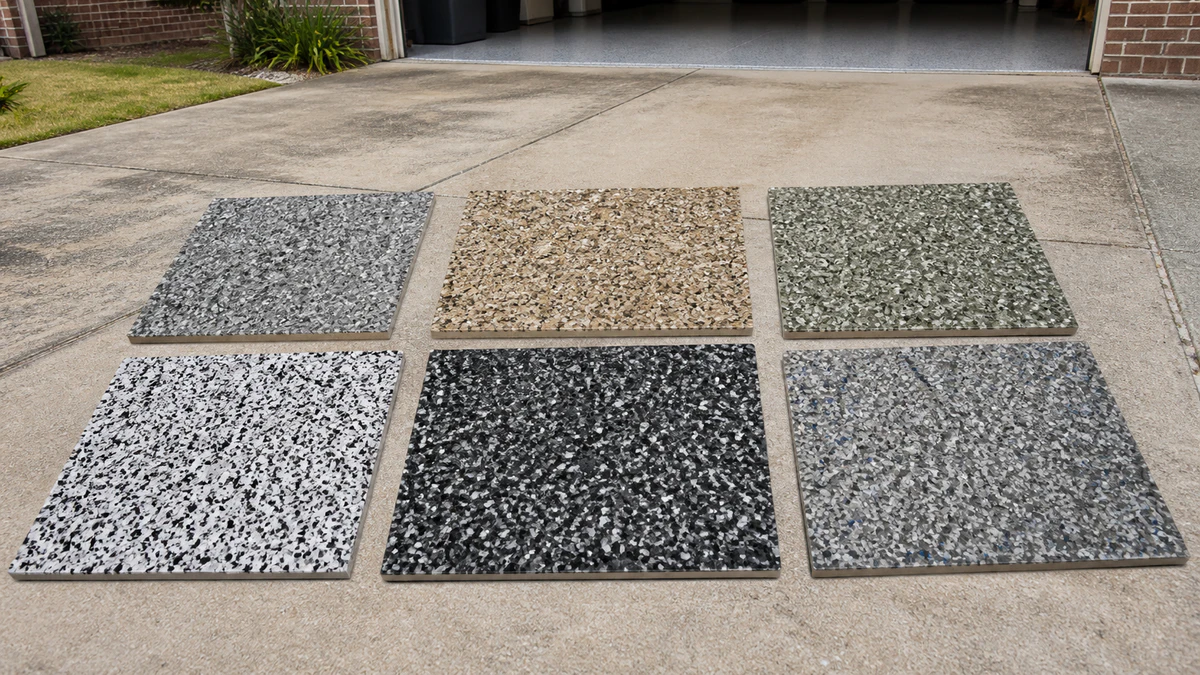 Flake blend sample boards viewed on a driveway in natural daylight