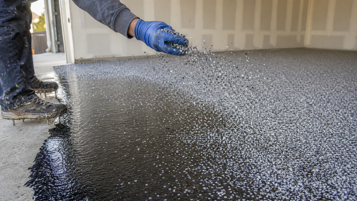 Contractor broadcasting decorative flakes over a wet base coat
