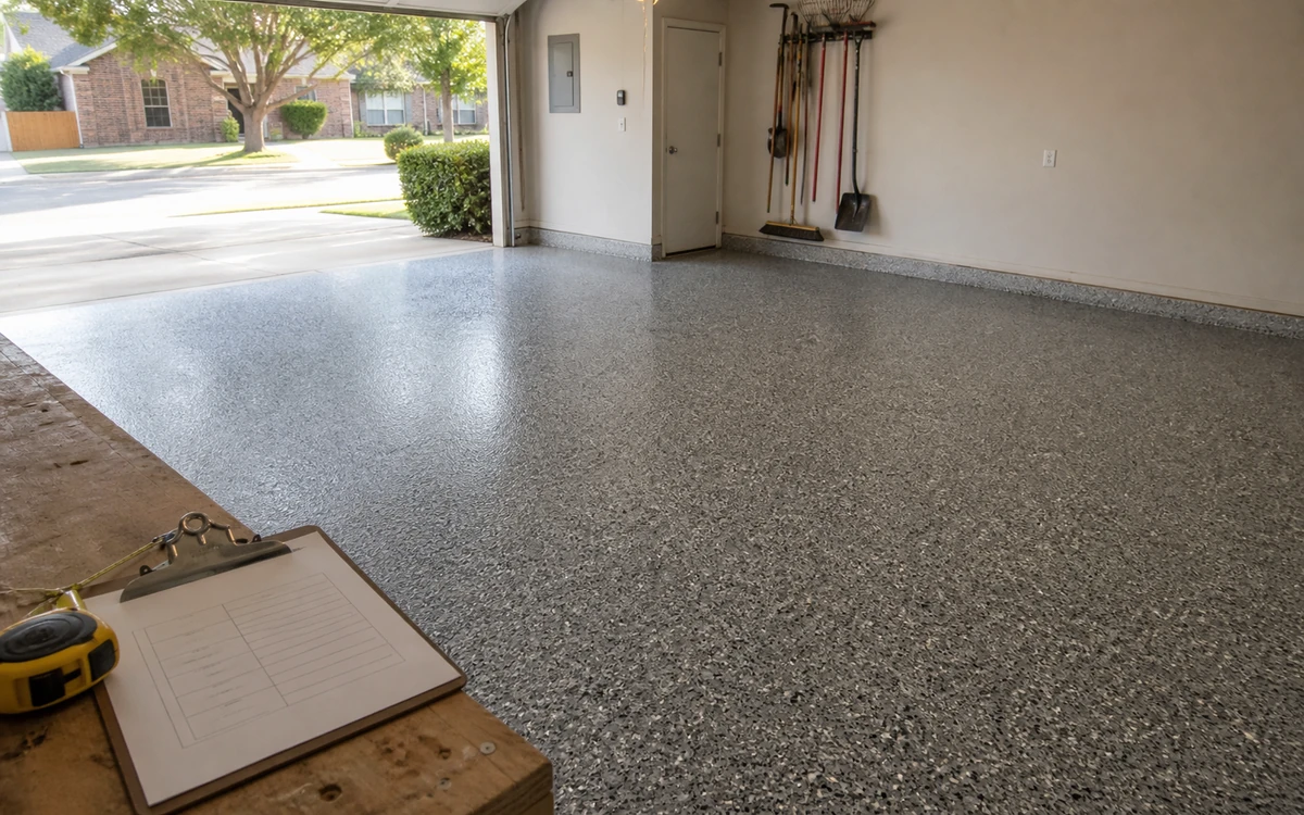 Finished two-car garage with a gray flake floor and an estimate clipboard