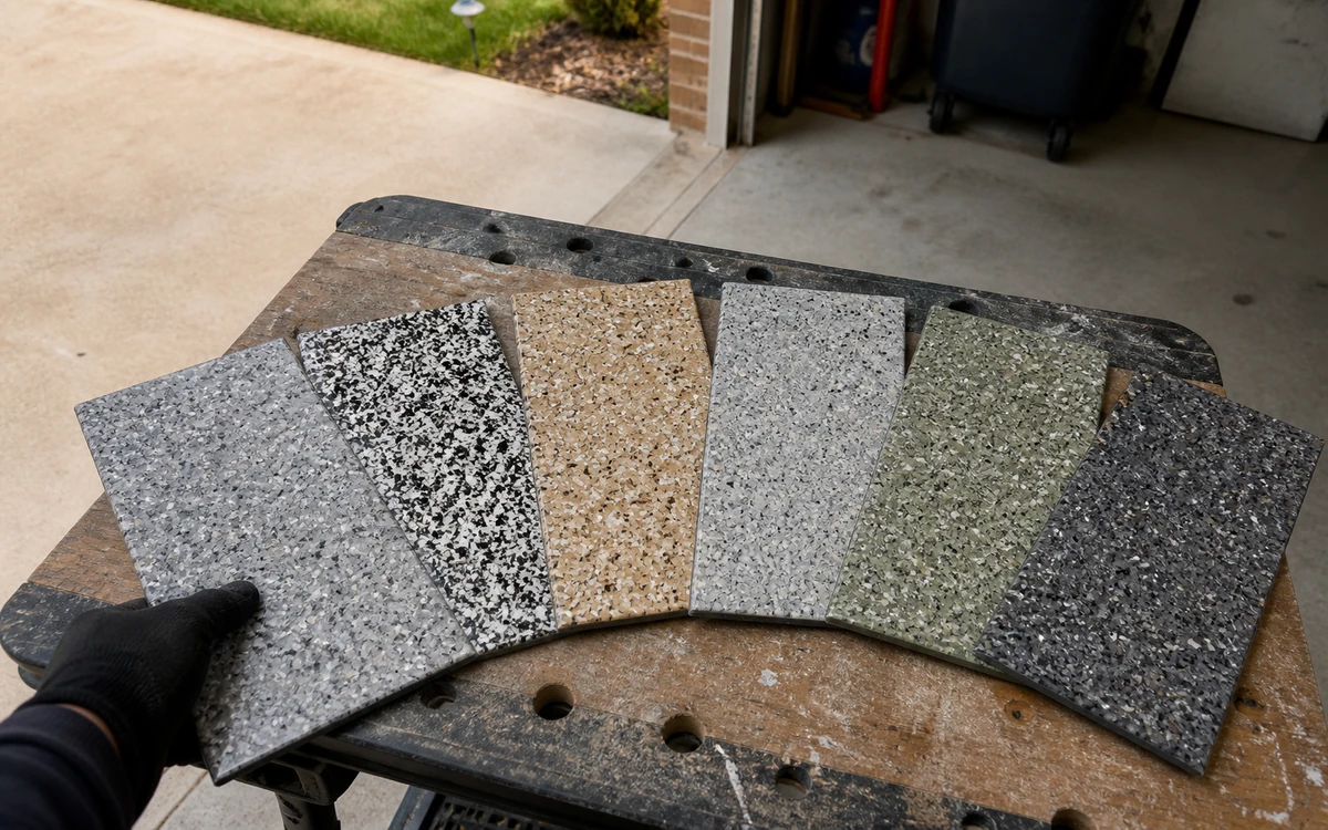 Polyaspartic flake blend sample boards arranged on a workbench