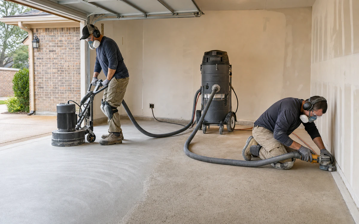 Professional floor-coating crew preparing a residential garage slab