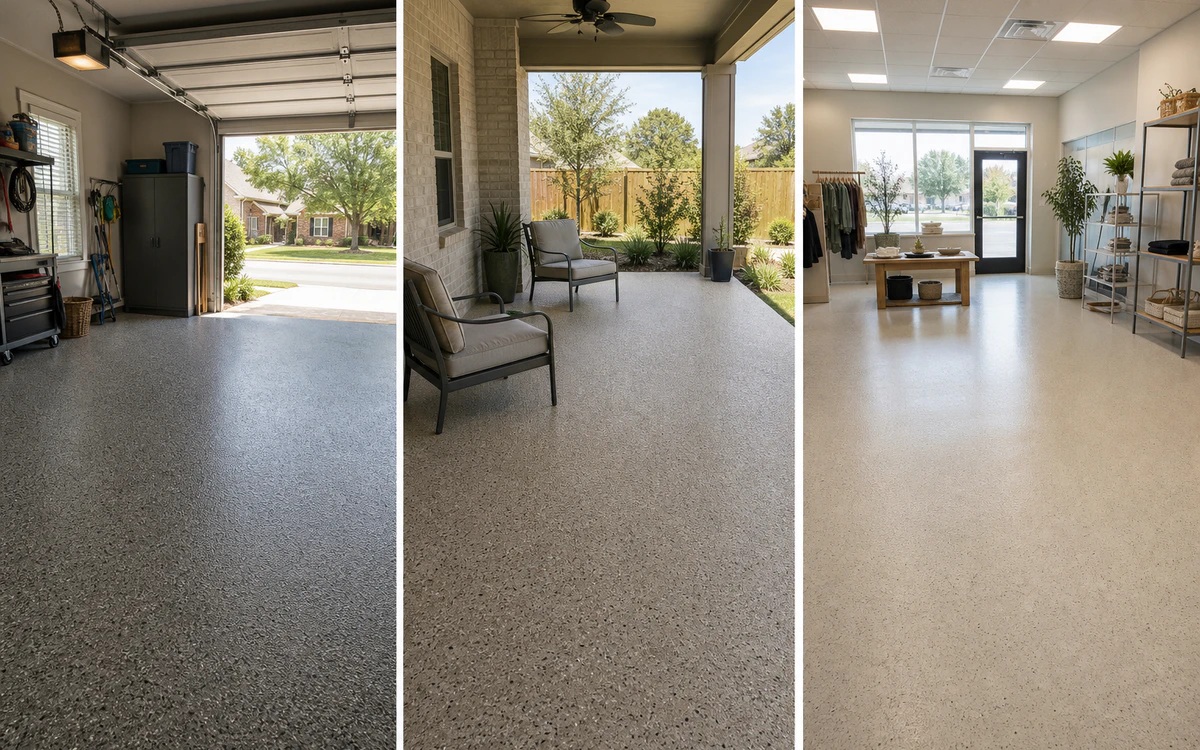 Finished coated floors in garage, patio, and commercial settings