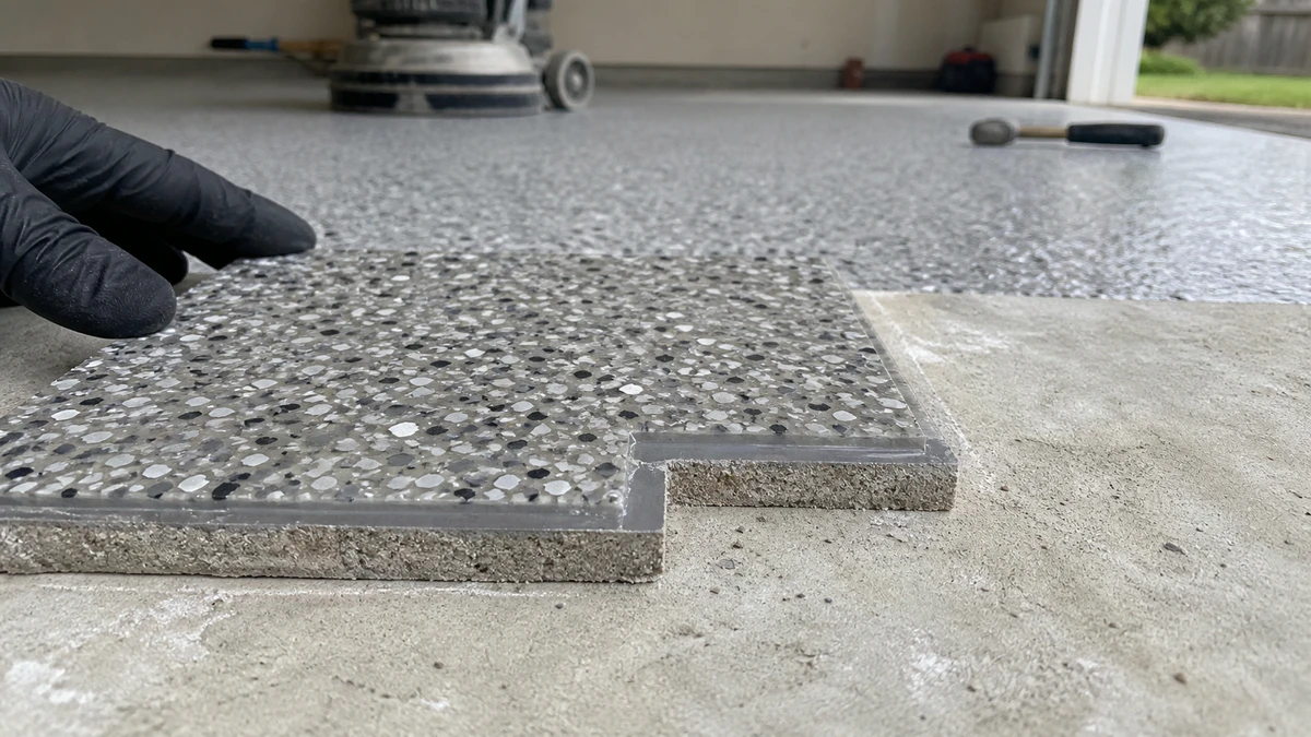 Close view of the concrete, base coat, flake, and clear-coat layers