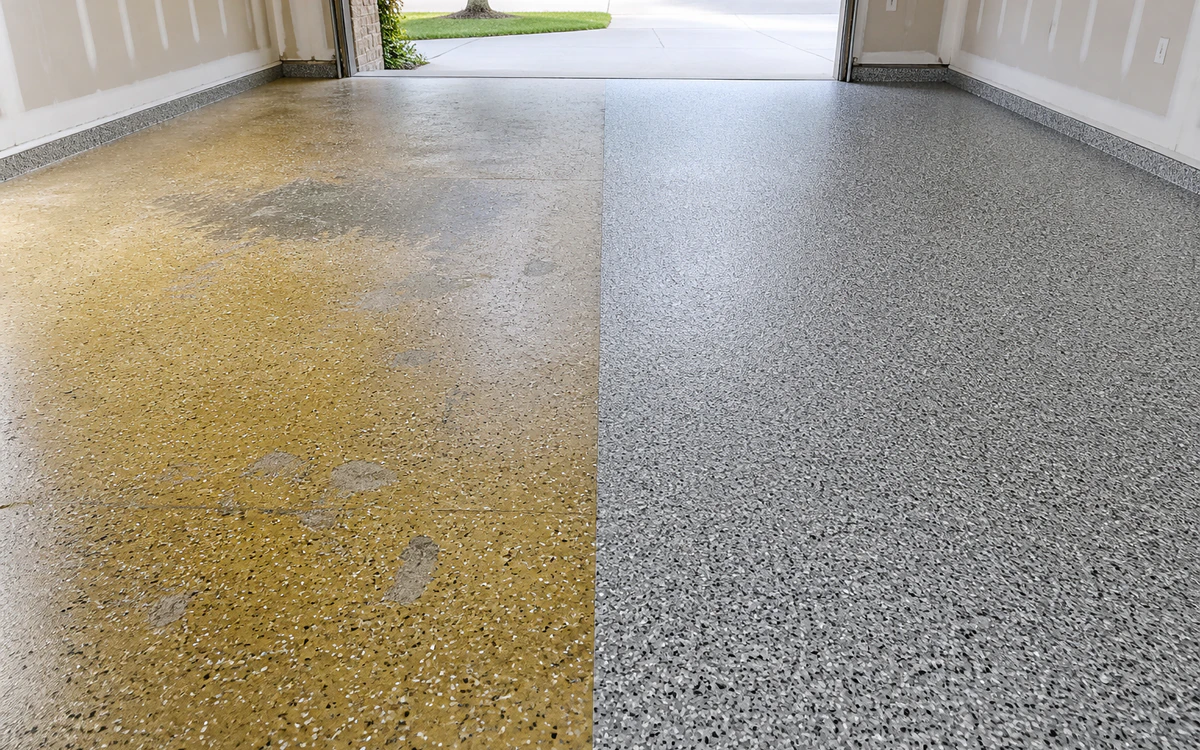 Side-by-side garage floors showing aged epoxy and clean polyaspartic coating