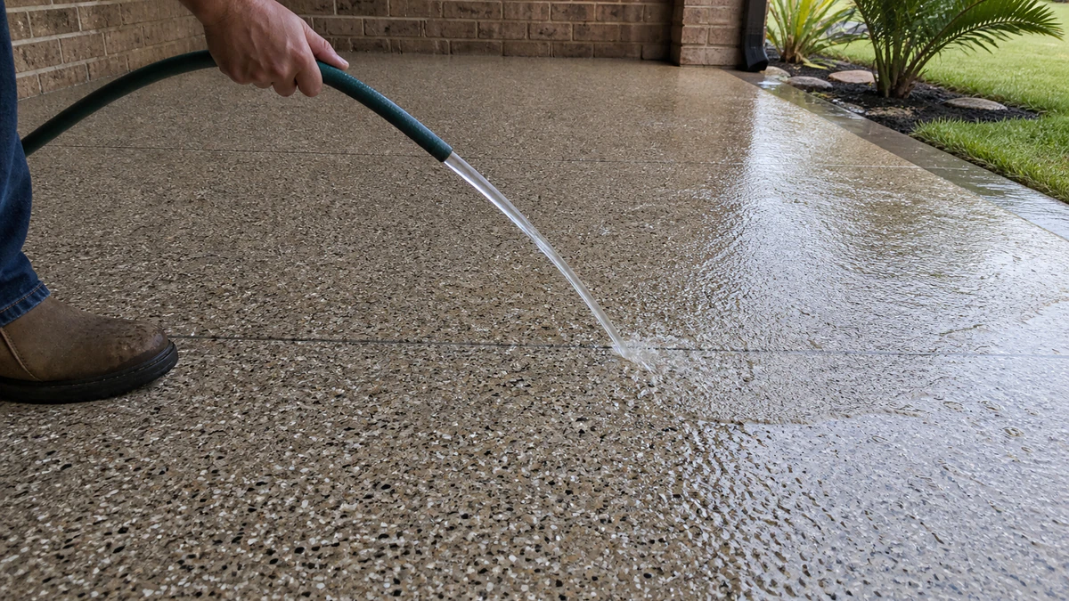 Water sheeting off a flake-coated patio during a hose rinse