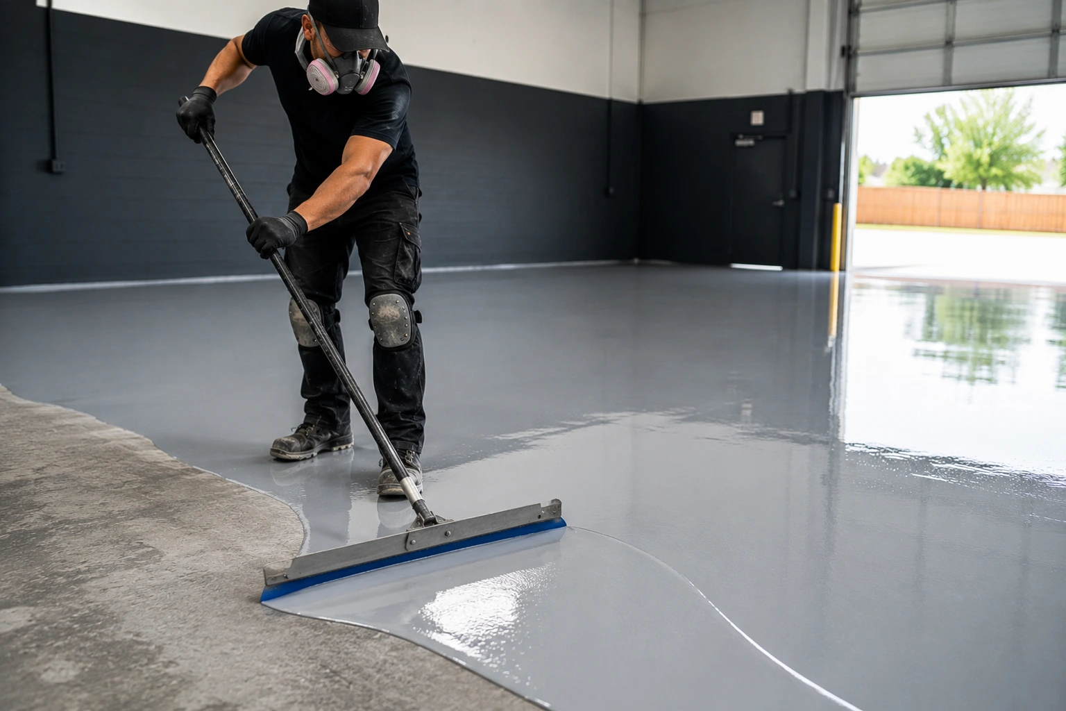 Base Coat Application during a Shield Pro DFW floor coating installation