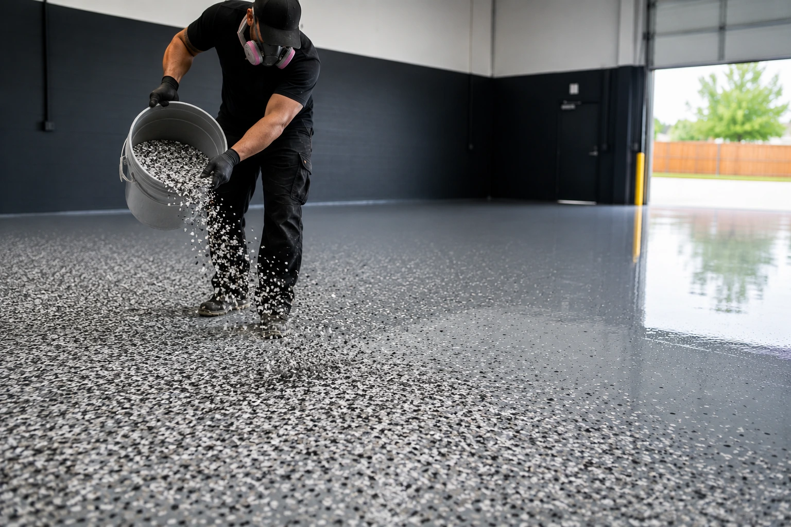 Flakes & Texture during a Shield Pro DFW floor coating installation